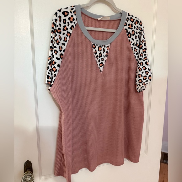 Haptics Tops - Pink Leopard Sleeve Women's Top